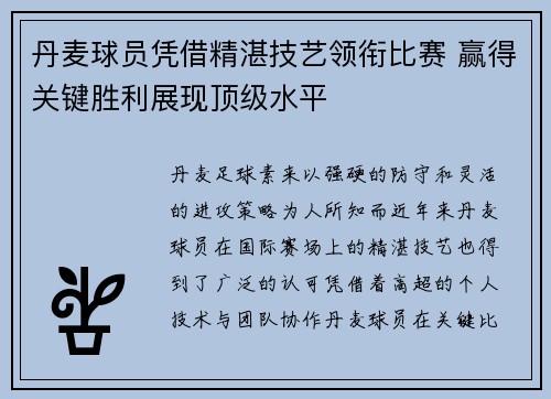丹麦球员凭借精湛技艺领衔比赛 赢得关键胜利展现顶级水平